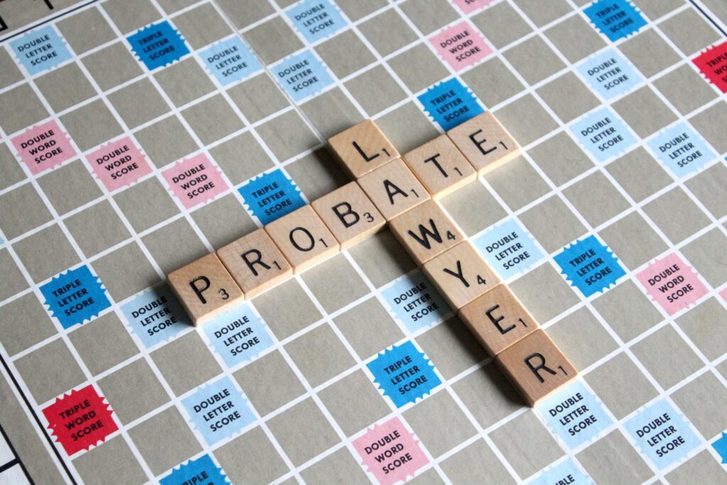 scrabble game with words "probate" and "lawyer"