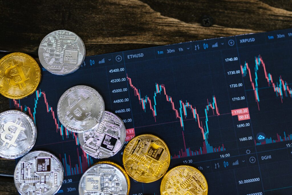 cryptocurrency tokens and stock market infographics