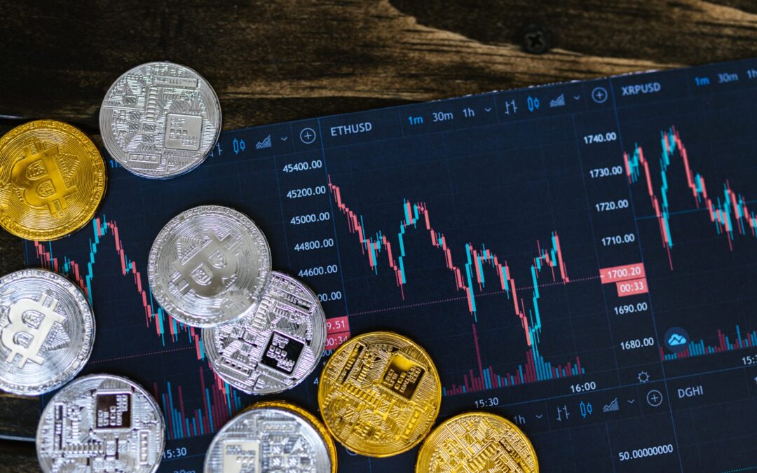 cryptocurrency tokens and stock market infographics